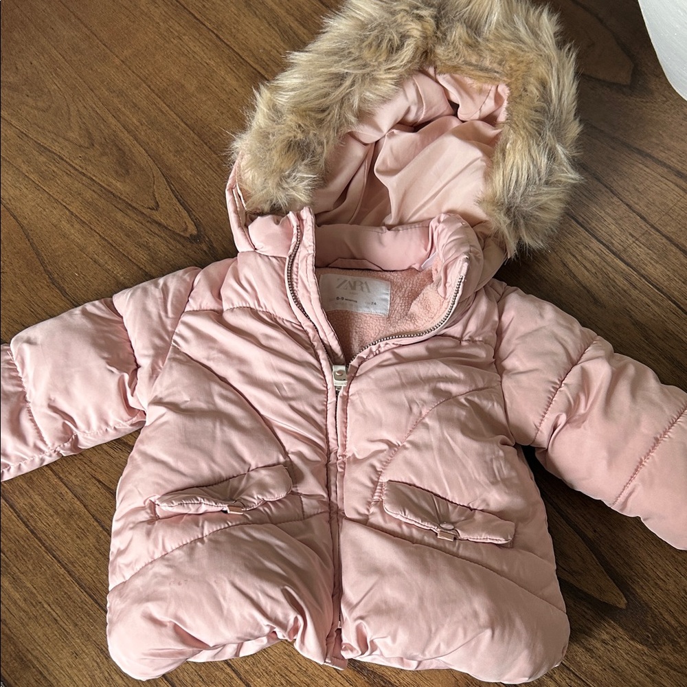 Zara Pink Baby Puffer Jacket with Fur Hood Baby 6-9 months